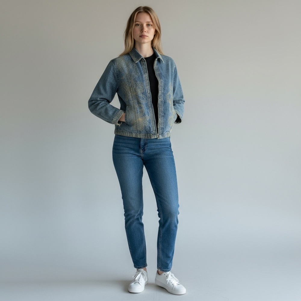 Chicos‎ Gold Metallic Embroidered Denim Jacket